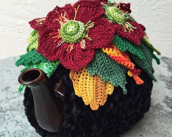 Crochet tea cozy black tea cover autumn flower tea cosy tea warmer bordo flower green kitchen accessory crochet high tea accessory décor