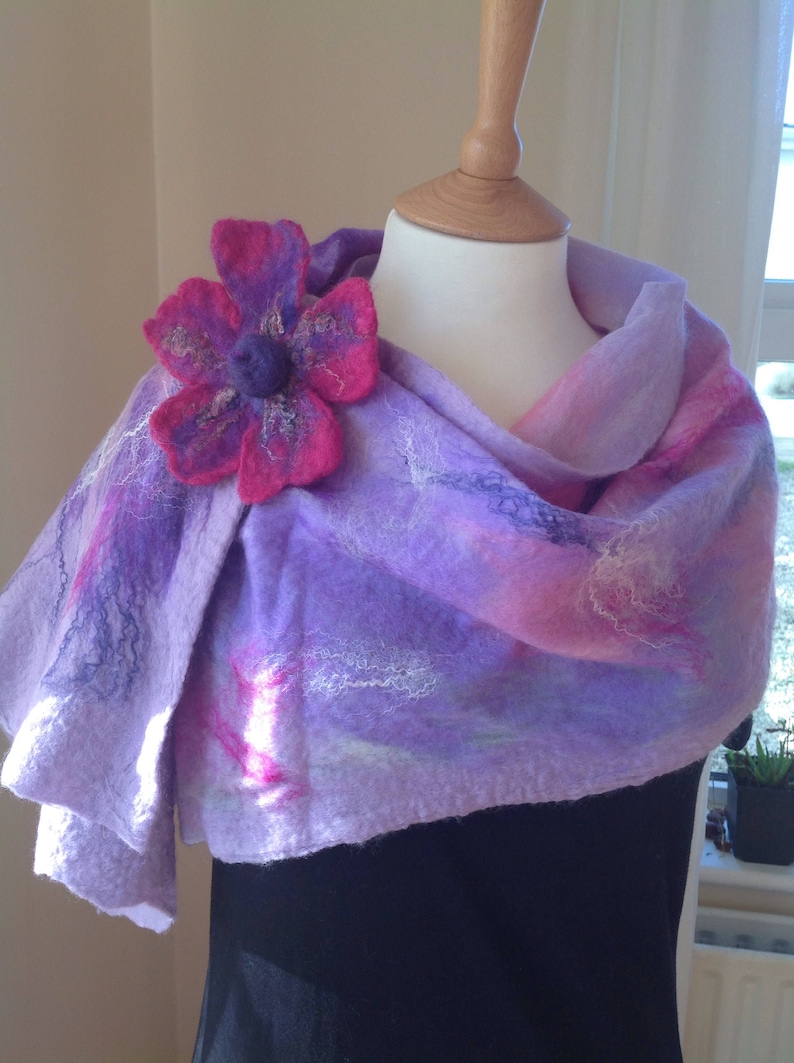 Felt Shawl wool and Silk Scarf Felt Wrap Lavender and Pink Shawl Wedding guest. Shoulder Wrap Wool Wrap handmade scarf Felt Scarf