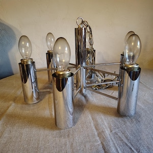 Six-Arm MCM Midcentury Cylinder Motif Chrome Chandelier With Both Uplighting & Downlighting