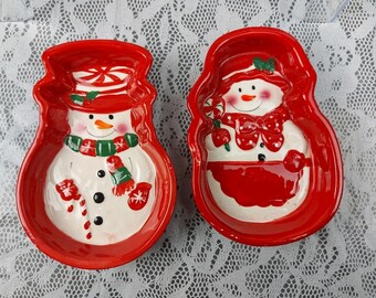 Snowman Christmas Dishes Bowl Lot Of 2 Tien Hsing Holiday Party Candy Dip Nuts