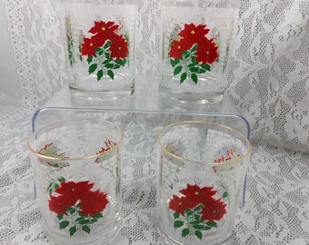 MCM Houze Christmas Barware Tumblers Glasses Set 4 Cocktails Poinsettia 1981 80s