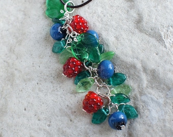 Lampwork Berry Pendant: Boho Glass Strawberry & Blueberry Bijou