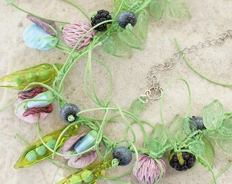 Lampwork Pea Pod Necklace: Boho Berry Flower Jewelry