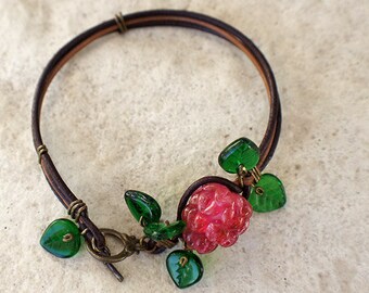 Raspberry Leather Bracelet: Lampwork Glass Berry Jewelry
