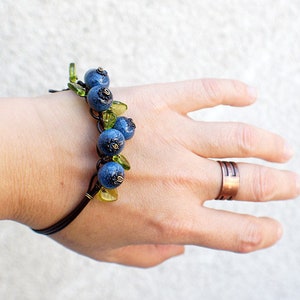 Blueberry Bracelet: Lampwork Glass Berries on Leather
