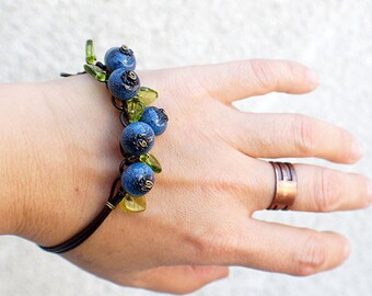 Blueberry Bracelet: Lampwork Glass Berries on Leather