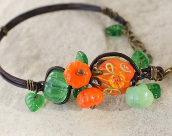 Leather Bracelet: Harvest Pumpkin Lampwork Glass Berries