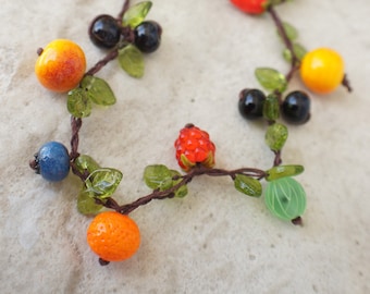 Fruit and berry minimalism boho jewelry - Lampwork glass apple raspberry blackcurrant necklace-Berries and fruits colar-Nature lovers bijoux