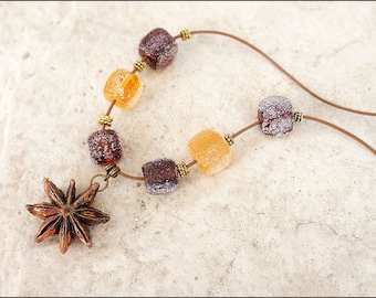 Star anise necklace - Coppered and sugar necklace - Lampwork bijou - Contemporary lampwork jewelry