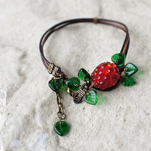 Red Raspberry Lampwork Bracelet: Berries on Leather Jewelry
