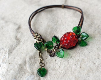 Red Raspberry Lampwork Bracelet: Berries on Leather Jewelry