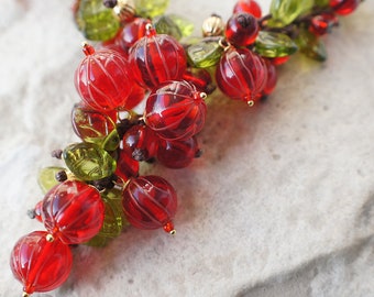 Red currant pink pepper omela new year necklace - redcurrant berry summer wibes-lampwork glass berries jewelry gold plated necklace necklace