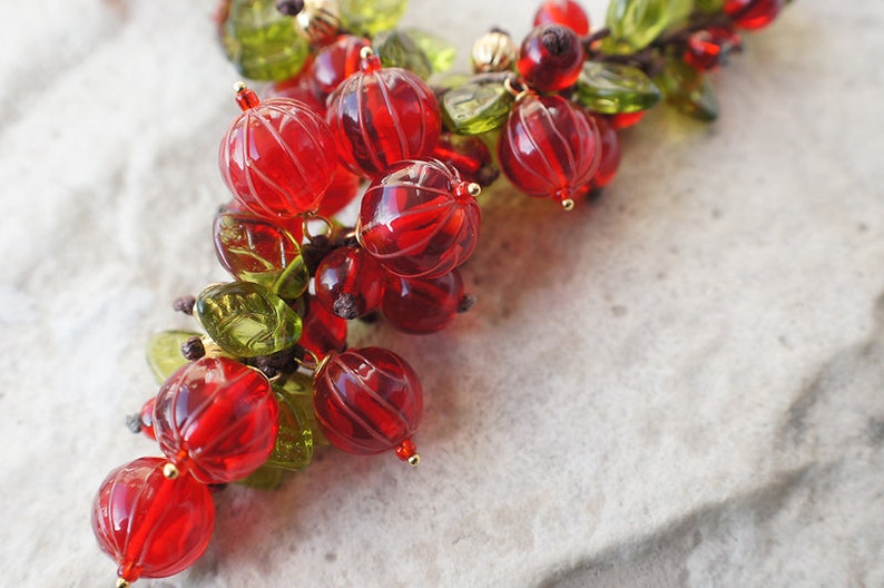 Red currant pink pepper omela new year necklace redcurrant berry summer wibes-lampwork glass berries jewelry gold plated necklace necklace image 1