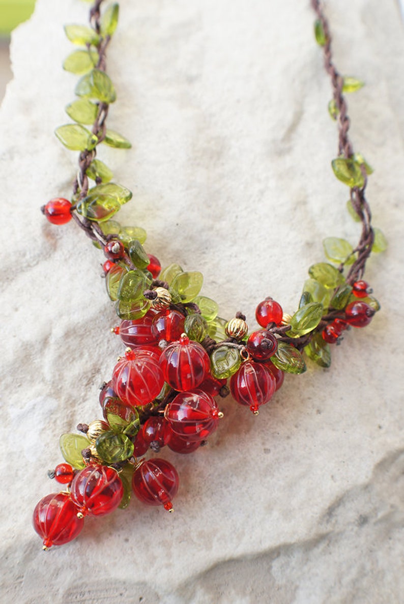 Red currant pink pepper omela new year necklace redcurrant berry summer wibes-lampwork glass berries jewelry gold plated necklace necklace image 4