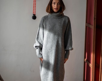 Women's merino wool dress, Longline raglan sleeve winter dress, Merino wool turtleneck dress, Long pullover sweater dress with high neck