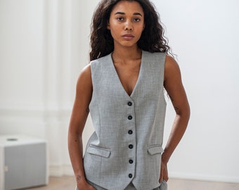 Women's grey melange cotton waistcoat, Lined vest with cinched back, Grey heavy cotton vest, Summer cotton top, Minimalist women's waistcoat