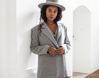 Women's grey double-breasted cotton blazer, Women's straight summer jacket