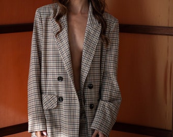 Women’s double-breasted blazer, Minimalist wool blazer for women, Oversized fully-lined blazer, Checked wool blazer