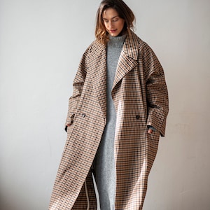 Minimalist unisex trench coat with pockets, Plaid overcoat, Women&#39;s double breasted coat, Oversized trench coat, Long oversized coat