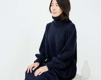 Sustainable Wool Dress, Womens Knitted Navy Blue Dress, Turtleneck Loose Fit Tunica Dress, Hand Knitted Japanese Dress