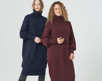 Merino wool knitted long dress, Turtleneck Sweater Dresses for Women,Loose maxi Knitted merino tunic, Long Sleeve Dress