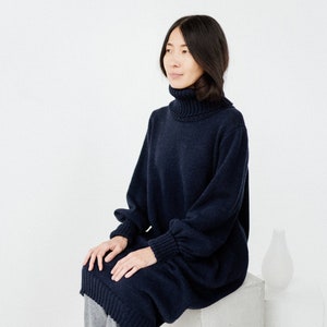 Hand Knitted Merino Wool Dress, Long Turtleneck Tunica, Knitted Warm Winter Dress, Maxi Woolen Dress for Women HARUTO navy blue