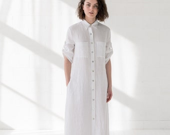 Maxi White Linen Shirt Dress for Wedding, Minimalist Summer Oversized Dress with Buttons, Natural Linen Clothing for Woman