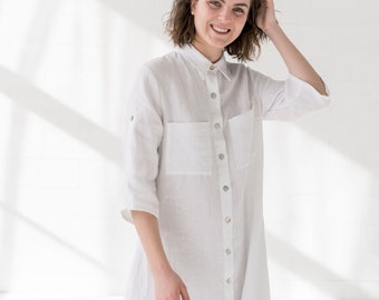 White Linen Maxi Dress, Long Summer Dress with Buttons, Elegant Soft Linen Outfit