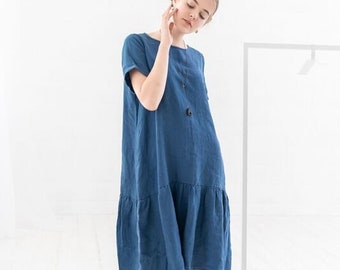 Blue Linen Dress, Women Blue Dress, Linen Clothing, Short Sleeve Dress, Linen Clothes, Linen Midi Dress, Loose Linen Dress, Trendy Linen