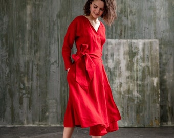 Red Wrap Dress, Red Linen Dress, Japanese Clothing, V Neck Dress, Women Dress, Linen Clothing,Long Sleeve Dress,Midi Dress, Valentines Dress