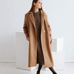 Camel Long Pure Wool Coat for Woman,fit Style Double
