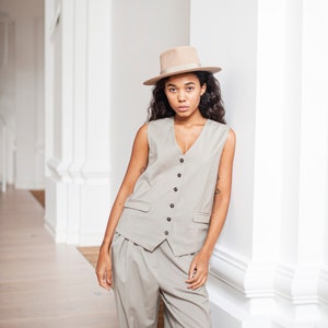 Women&#39;s  beige wool vest, Light-weight lined suit waistcoat, Minimalist wool waistcoat, Button-up vest, Elegant vest and trousers set