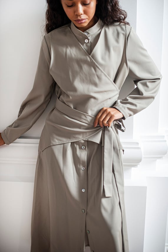 Merino Wool Shirt Dress With Band Collar and Vest Detail Figure Flattering Button up Dress With Waist Ties Elegant Dress With Pockets Etsy Ireland