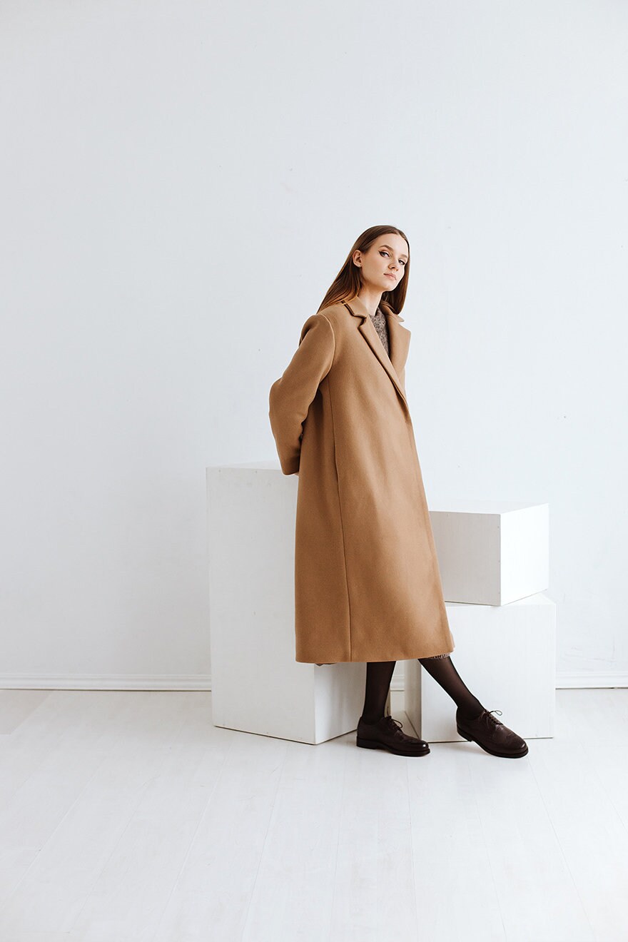 Camel Long Pure Wool Coat for Woman,fit Style Double