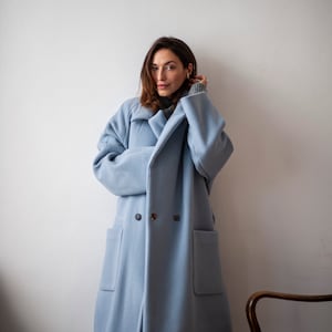 Raglan sleeve wool coat for winter, Wool belted coat, Fall winter outwear, Double-breasted fall coat, Women&#39;s fully lined coat