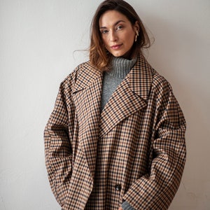 Double-breasted trench coat, Heavy cotton plaid trench coat, Unisex trench coat with pockets, Raglan sleeve coat, Unisex fall overcoat