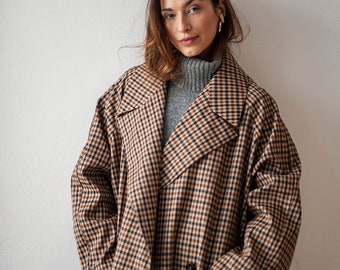 Trench-coat à double boutonnage, trench-coat à carreaux en coton lourd, trench-coat unisexe avec poches, manteau à manches raglan, pardessus d’automne unisexe
