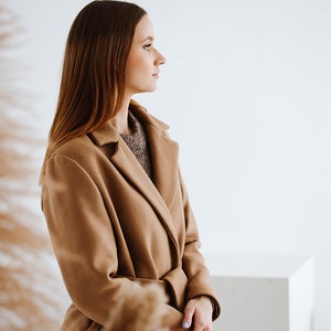 Women Double Faced wool long coat,Camel long  pure wool coat,Fit style double breasted maxi coat with belt,Minimalist overcoat with pockets