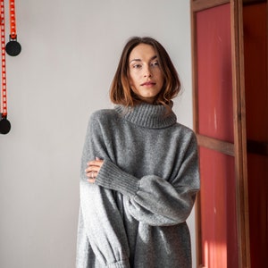 Long merino wool dress with raglan sleeves and a turtleneck