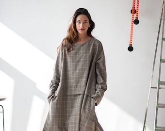 Umstandskleid aus Wolle, Oversized Maxikleid, Langarmkleid mit Taschen, Abendkleid, kariertes Wolloutfit, Schwangerschaftskleid