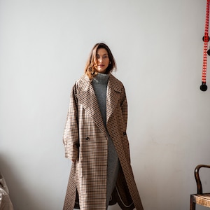 Minimalist coat with pockets, Unisex trench coat, Double breasted trench coat, Gingham check maxi coat, Women&#39;s overcoat, Oversized coat