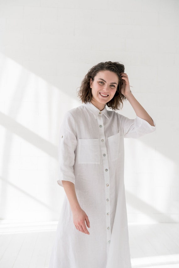 white linen shirt dress