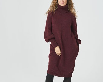 Knitted Winter Sweater tunic Dress, Oversized Maxi Wool Dress, Long Woolen Turtleneck Dress, Hand Knitted Loose Tunic lambswool dress