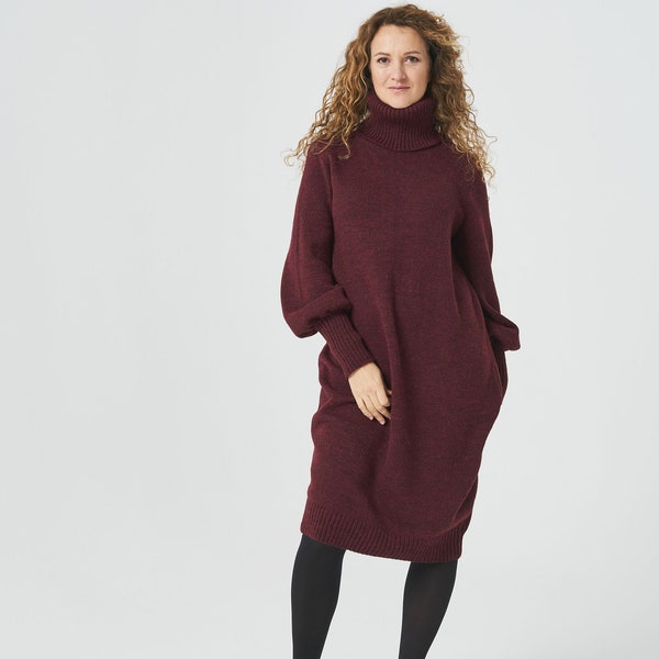 Robe tunique pull d'hiver tricotée, robe Maxi en laine surdimensionnée, robe longue à col roulé en laine, robe en laine d'agneau tunique ample tricotée à la main