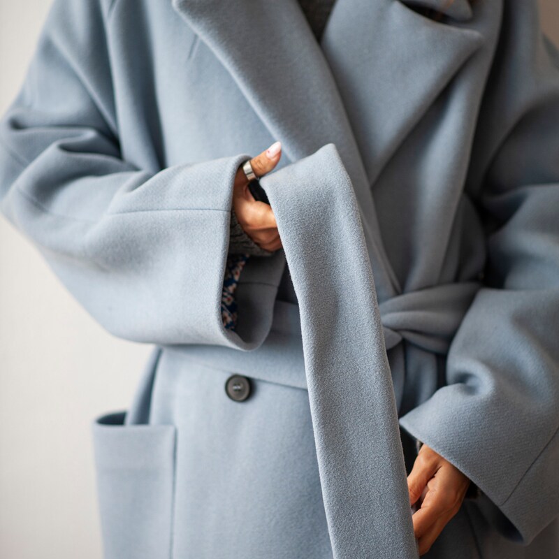 wool blend tie waist coat