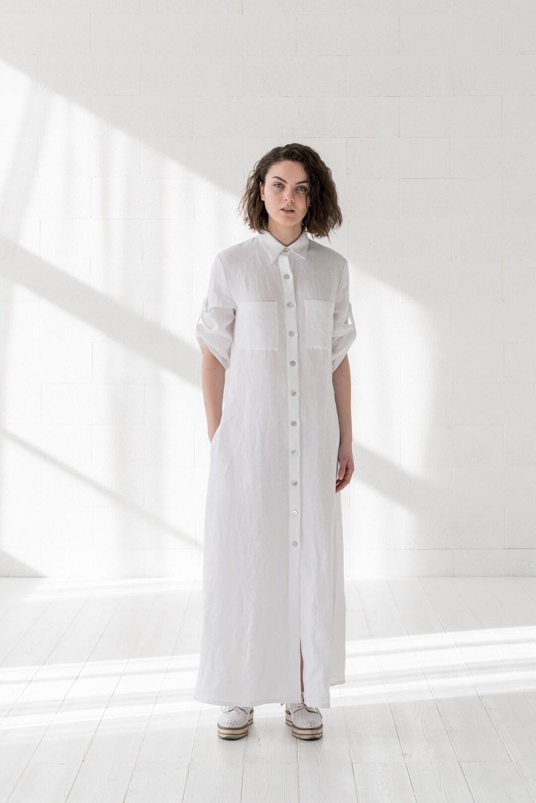 Maxi White Linen Shirt Dress for Wedding, Minimalist Summer Oversized Dress With Buttons