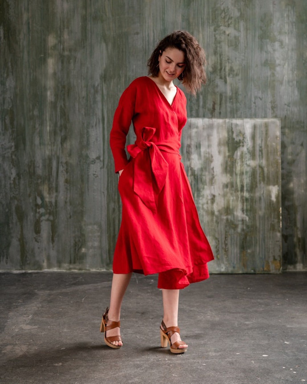 Linen Red Wrap Dress wide Skirt Dressbridesmaids Dress Midi - Etsy