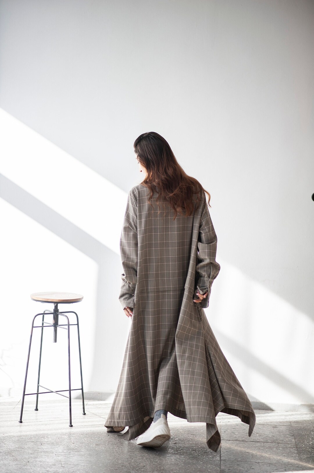 Checkered Wool Dress Long Plaid Wool Fabric Dress Wide Loose Etsy