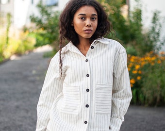 Women's one-size cotton collar jacket,  White striped button-up jacket, Organic cotton cropped jacket