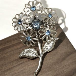 Vintage Silver-tone Floral Brooch with Blue Rhinestones